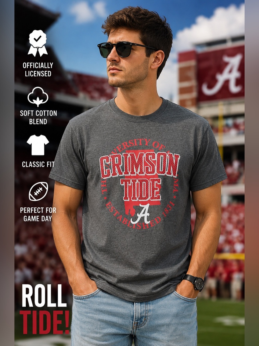 Alabama Crimson Tide Graphic Tee Gray Red NCAA Football Shirt Men’s M NWT